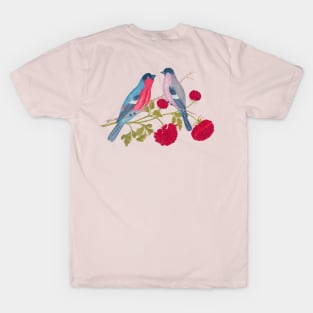 Two Bullfinch Birds and Red Flowers Wildlife Illustration T-Shirt